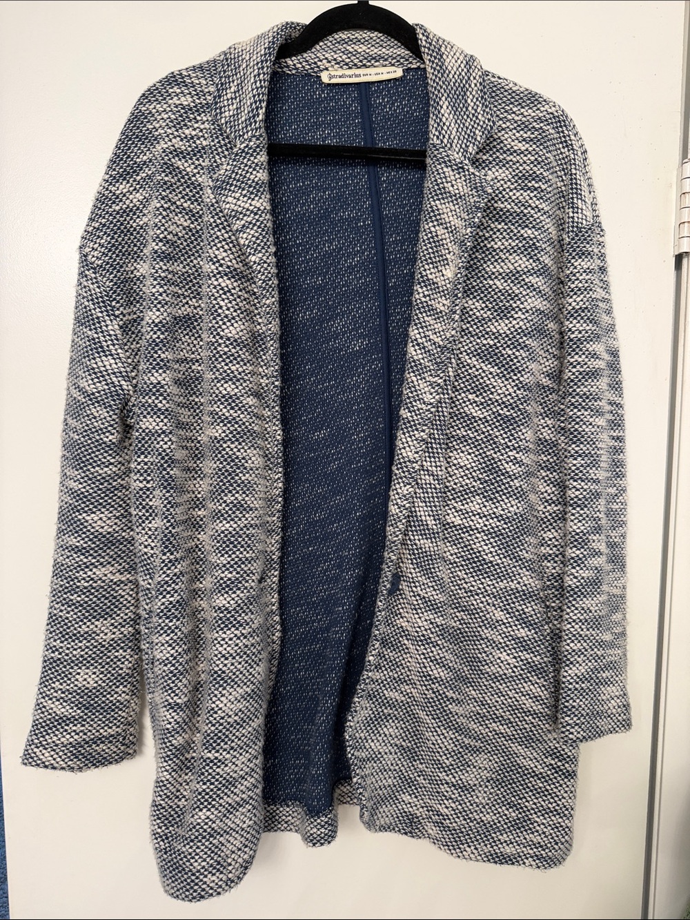 stradivarius Blue and Cream Open-Front Cardigan
